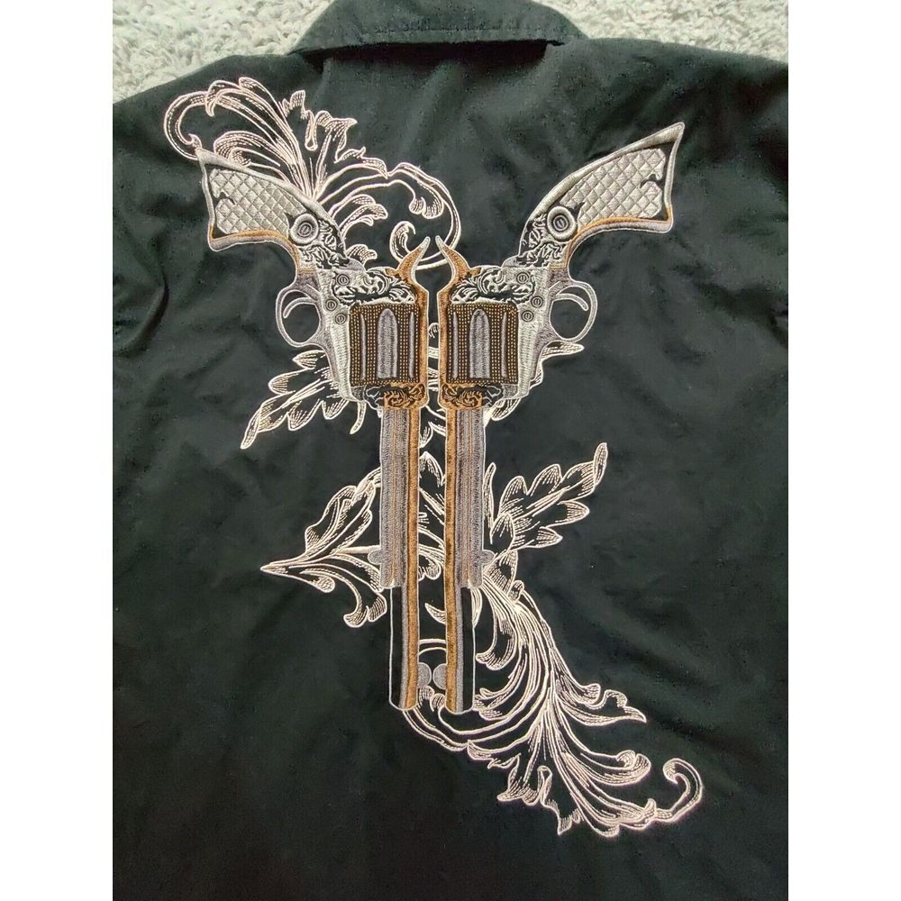 Roper Embroidered Shirt Men's L Guns Pistols Smile Pockets Black Snap Western - Picture 9 of 11